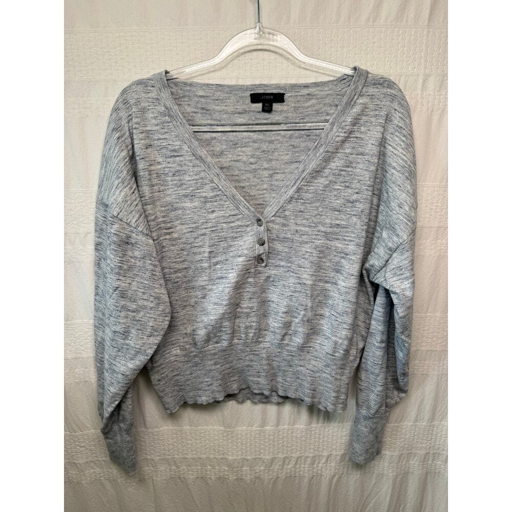 J.Crew Factory Space-dyed Wide V-neck Henley Sweater, Light Gray, Size XL